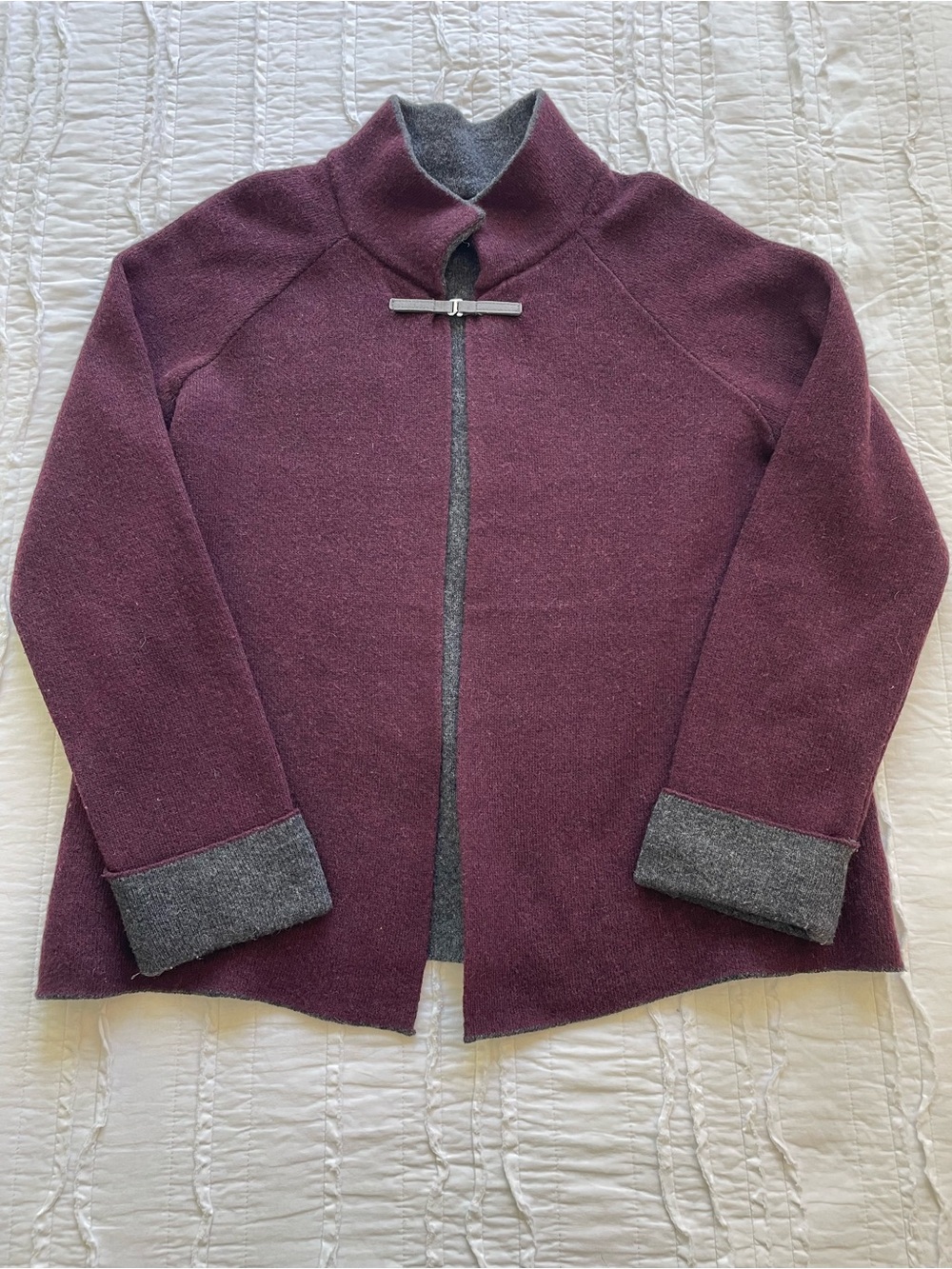 Burgundy and Charcoal Gray Wool-Blend Cape Jacket | L